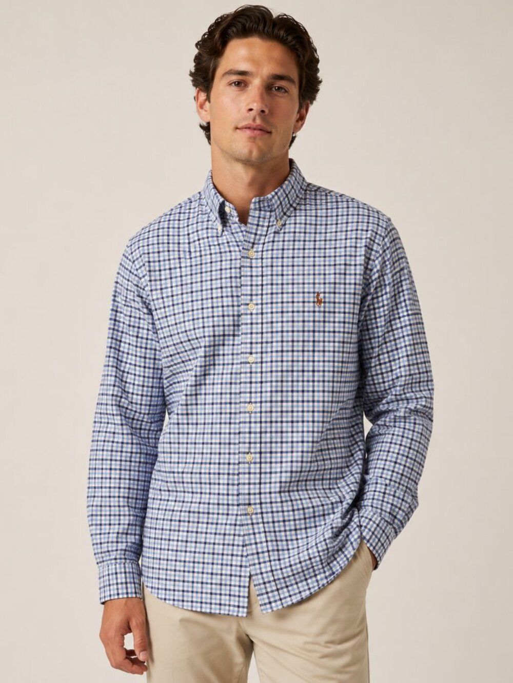 Ralph Lauren Blue White Gingham Check Button Down Shirt Mens L Pony Oxford